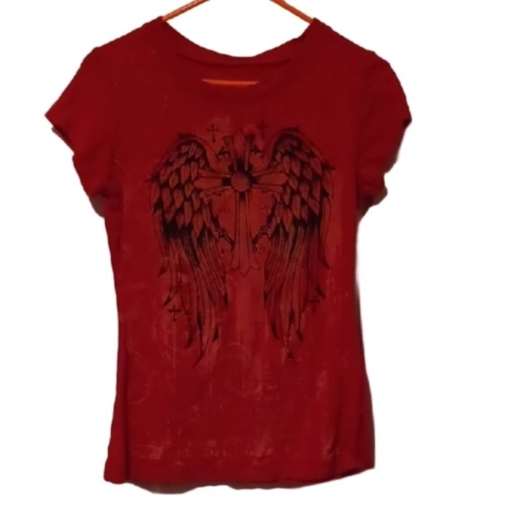 -- Red Graphic Tee with Wing Design